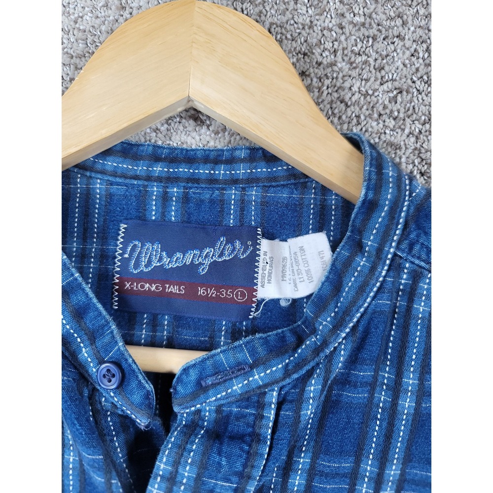 Wrangler X Long Tails Mens Blue Plaid Band Collar Long Sleeve Shirt L 16 1/2 35 - Picture 5 of 8